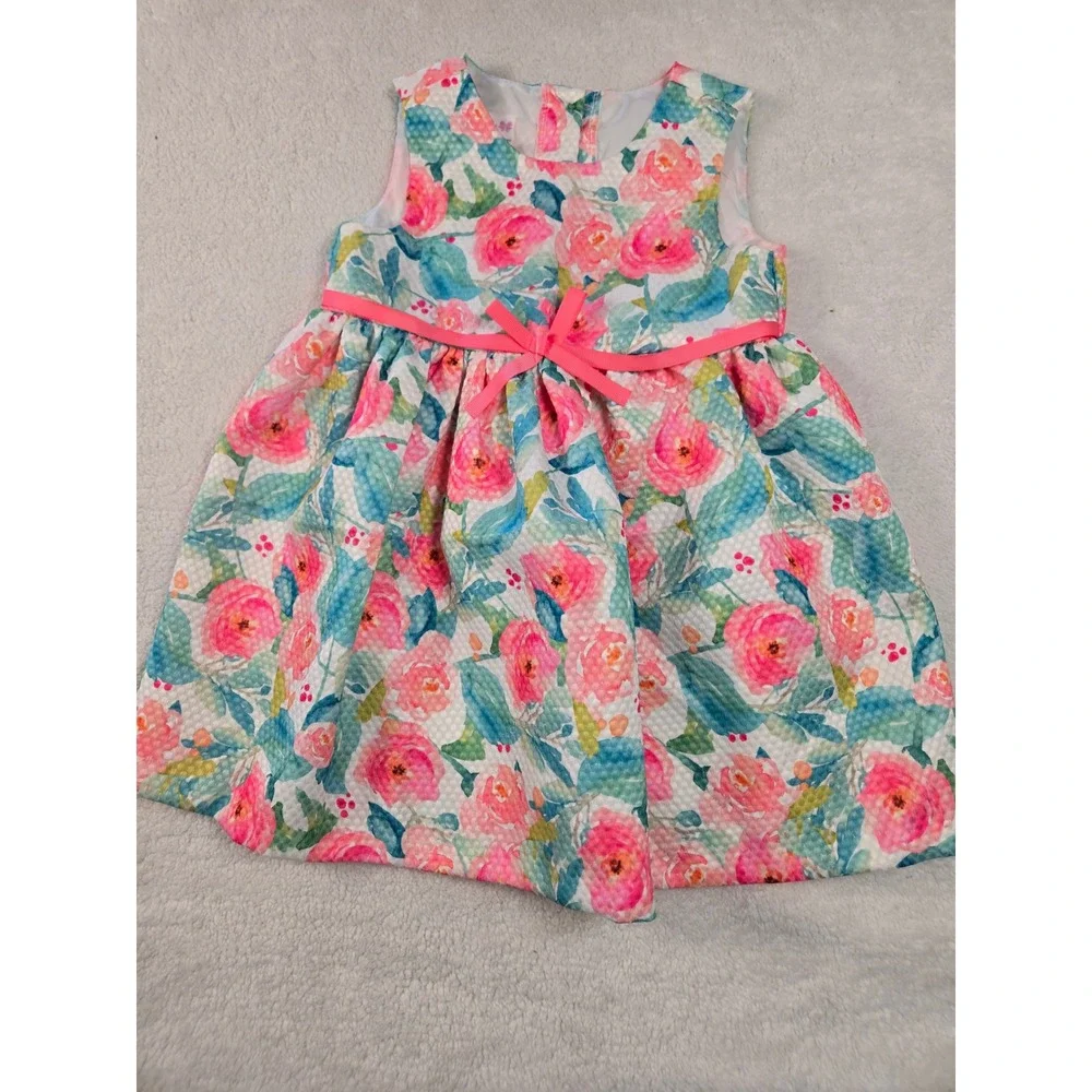Bonnie Baby Floral Rose Dress Pink Teal Waffle Knit Bow 24 month  L